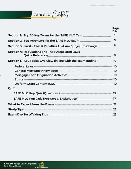 NMLS Exam "Cheat Sheet" Study Guide for the SAFE MLO Test